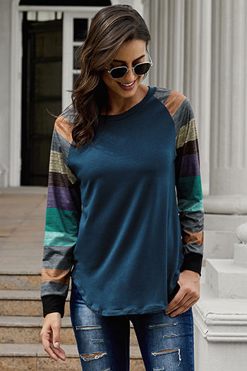 Color Block Long Sleeves Navy Pullover Top