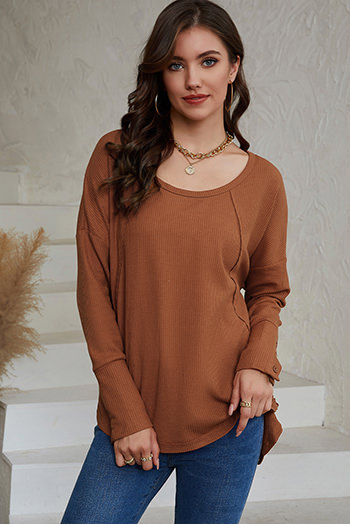 Brown Waffle Knit Splicing Buttons Long Sleeve Top