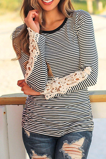 Black Stripe Lace Crochet Long Sleeve Top