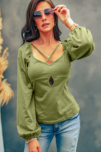 Green Cut Out Criss Cross Sweetheart Neck Long Sleeve Top