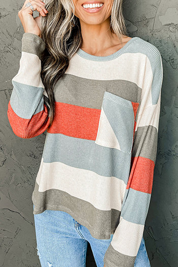 Red Striped Colorblock Ribbed Knit Top with Pocket