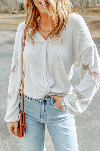 White Lace Patchwork Drop Sleeve Ribbed Casual Top