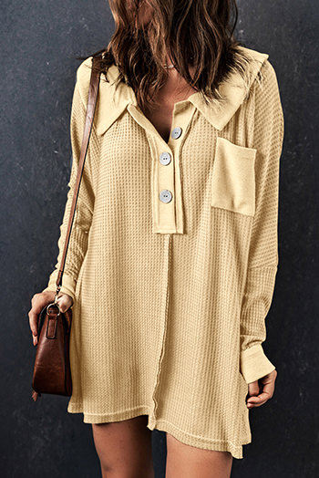 Apricot Waffle Knit Buttoned Long Sleeve Top