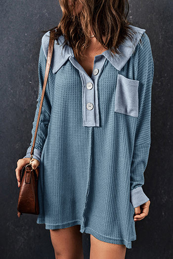 Sky Blue Waffle Knit Buttoned Long Sleeve Top