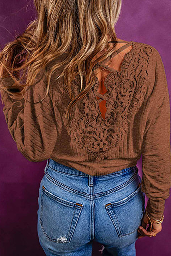 Chestnut Lace Up Crochet Open Back Ribbed Top