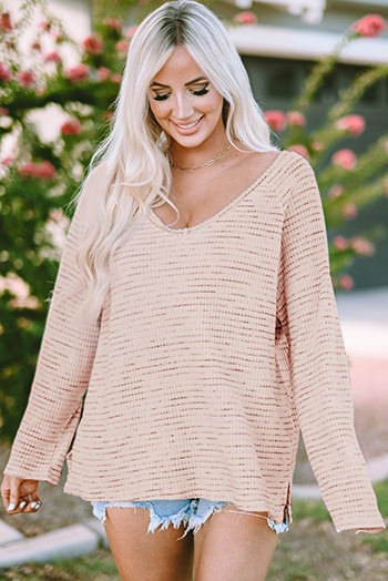 Pink Waffled Knit Long Sleeve V Neck Frayed Top