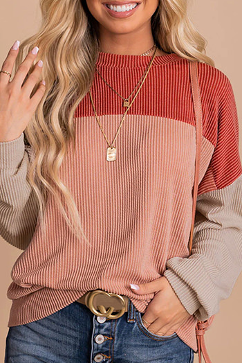 Fiery Red Color Block Long Sleeve Ribbed Loose Top