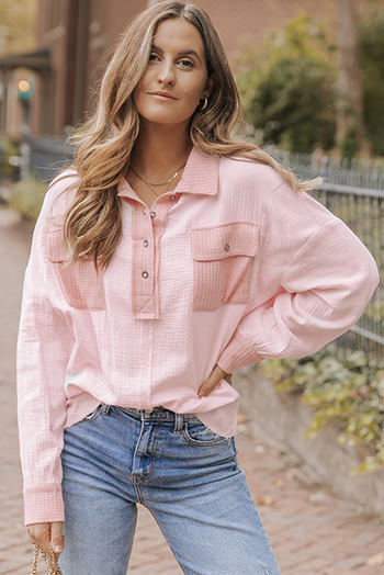 Pink Long Sleeve Flap Pocket Henley Top