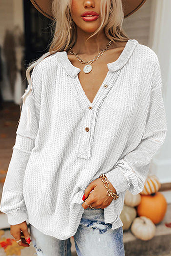 Bright White Contrast Patched Exposed Seam Waffle Knit Henley Top