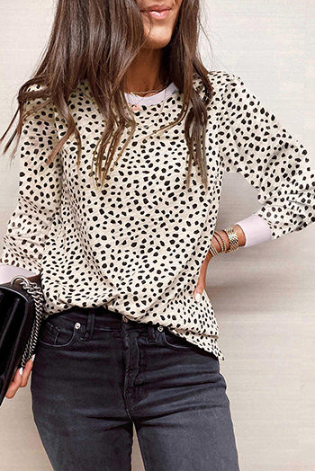 Apricot Animal Spotted Print Round Neck Long Sleeve Top