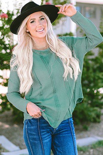 Green Exposed Seam Waffle Knit Loose Top