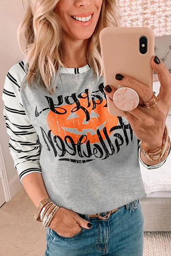 Letter Striped Pumpkin Print Halloween Long Sleeve Blouse