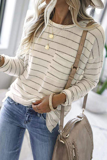 Striped Pocket O Neck Long Sleeve Top