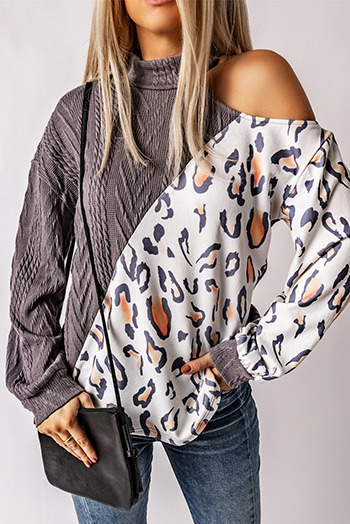 Leopard Color Block Cold Shoulder Turtleneck Top