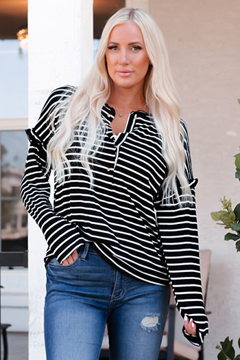 Black Striped Print Ruffled Buttoned Long Sleeve Top