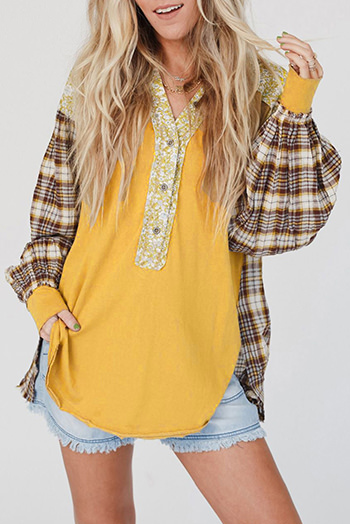 Yellow Floral Plaid Mixed Print Bishop Sleeve Patchwork Top