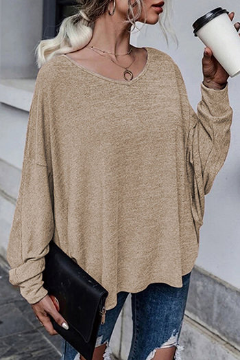 Khaki Tie Plunging Back Dolman Sleeve Oversize Top