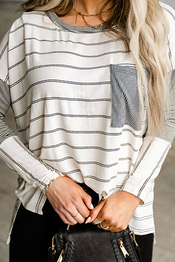 Stripe Patchwork High Low Side Slits Long Sleeve Top