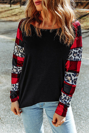 Black Off Shoulder PlaidandLeopard Print Long Sleeve Top