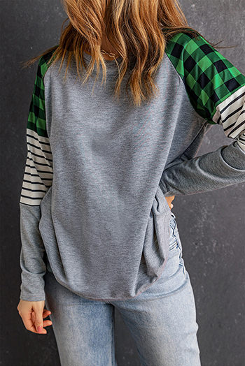 Green Buffalo Plaid and Stripe Splicing Long Sleeve Top