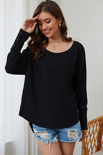 Black Waffle Knit Splicing Buttons Long Sleeve Top