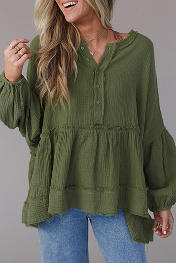 Green Henley Button Drop Shoulder Loose Sleeve Raw Edge Top