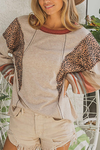 Khaki Leopard Serape Patchwork Exposed Stitching Pullover Top