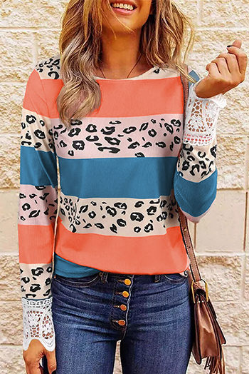 Lace Splicing Leopard Color Block Top