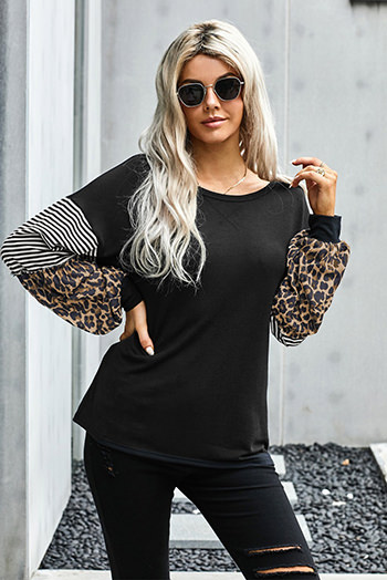 Black Leopard Striped Print Sleeve Colorblock Top