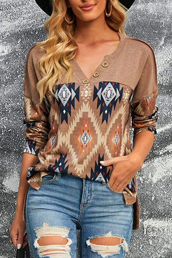 Brown Western Aztec Print Buttoned V Neck Top