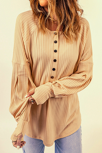 Apricot Ribbed Textured Thumbhole Puff Sleeve Pullover