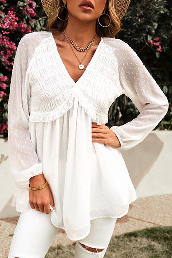 White Swiss Dot Smocked Ruffled V Neck Top