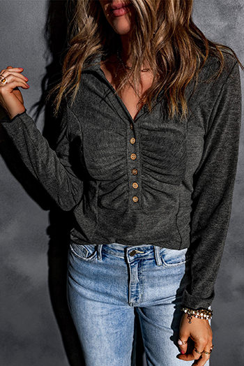 Black V Neck Buttons Ruched Long Sleeve Top