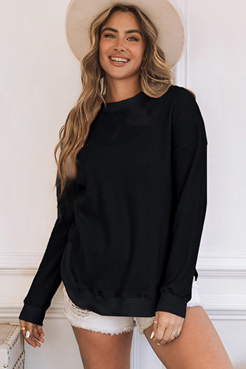 Black Crew Neck Ribbed Trim Waffle Knit Top