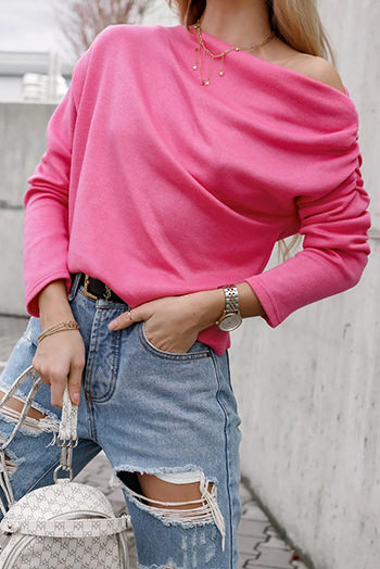 Rose Solid Color Cold Shoulder Long Sleeve Top