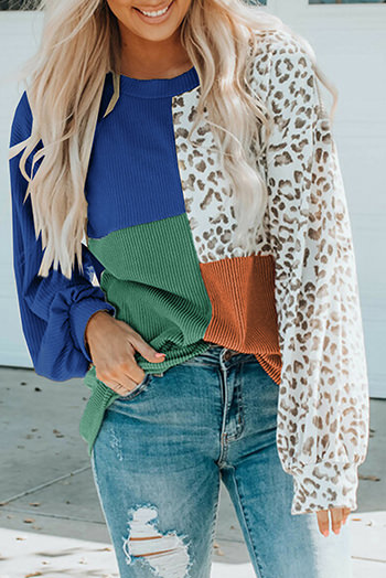 Blue Leopard Patchwork Color Block Ribbed Long Sleeve Top