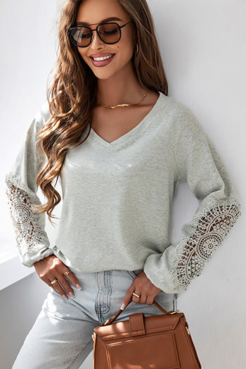 Gray Crochet Lace Patch Raglan Sleeve Top