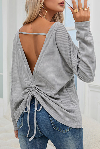 Gray V Cut Drawstring Back Waffle Knit Long Sleeve Top