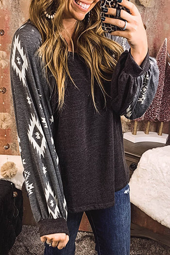 Black Western Print Patch Long Sleeve Top