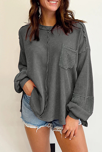 Gray Exposed Seam Patchwork Bubble Sleeve Waffle Knit Top