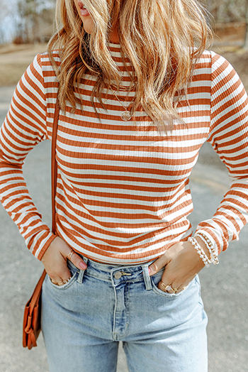 Gold Flame Striped Print Textured Knit Long Sleeve Tee