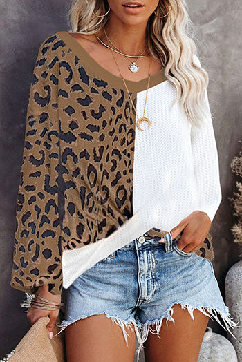 Brown Leopard Contrast Waffle Knit Twist Hem V Neck Top