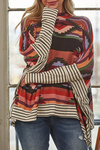 Multicolor Western Aztec Striped Mock Neck Dolman Sleeve Top