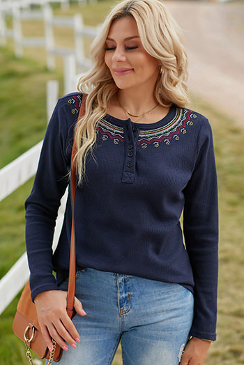 Navy Blue Embroidered Round Neck Waffle Top