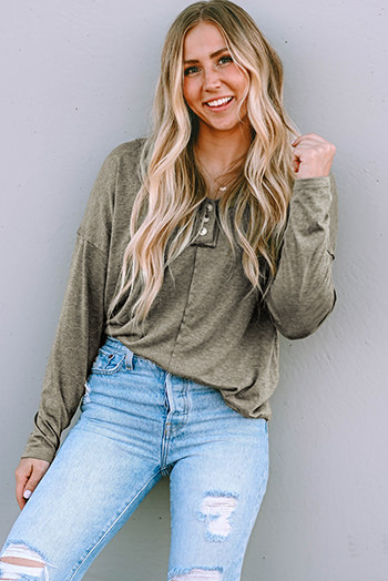 Khaki Long Sleeve V Neck Stitching Henley Top