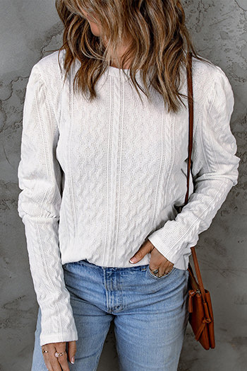 White Solid Color Puffy Sleeve Textured Knit Top