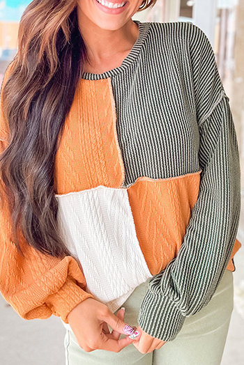 Grapefruit Orange Mixed Texture Color Block Long Sleeve Top