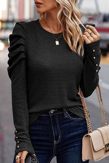 Black Solid Color Textured Buttoned Gigot Sleeve Top