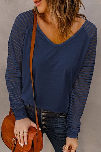 Blue Sheer Stripe V Neck Top