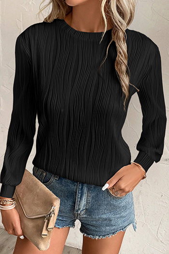 Black Textured Wavy Round Neck Long Sleeve Top